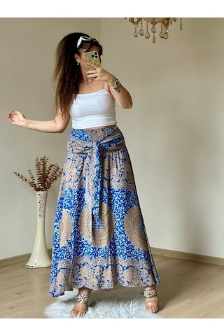 Azra Butik Otantik Desenli Etek Mavi