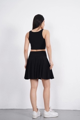 Moda Assema Sendy Kumaş Bisiklet Yaka Crop Şortlu Etek İkili Takım - Siyah Çok Renkli
