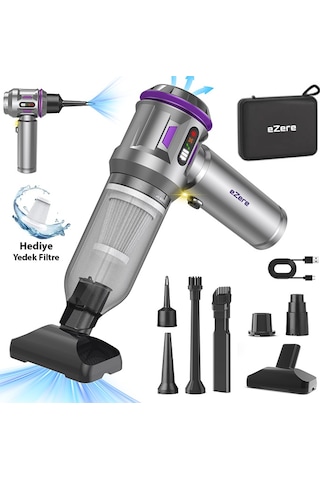 Ezere 16000pa Güçlü Dijital Göstergeli Vakumlu Kablosuz Üflemeli Mini Araç Süpürgesi Gümüş