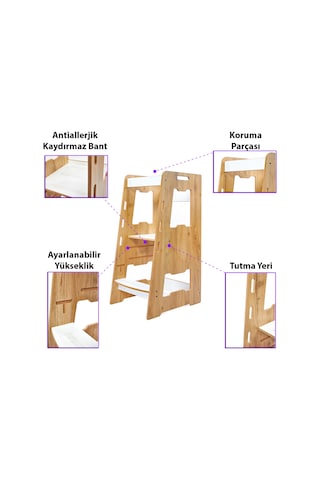 Ahşap Montessori Öğrenme Kulesi / 2-6 Yaş / Naturel Ahşap