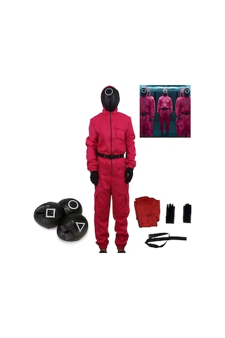 Çocuklar İçin Unisex Kalamar Oyunu 2 Kostümü Cosplay Tulum + Kalamar Oyunu Maskesi Cadılar Bayramı Kıyafeti Hediyeleri Parti 10-12 Yaş - Xs 10-12 Yaş