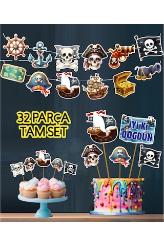 32 Parça Tam Set Korsan Temalı Deniz Kaptan Doğum Günü Seti Banner Pasta Kürdanı Cupcake Süsü Seti +0