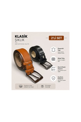 Recossa Erkek Klasik Kemer Kumaş 2'li Set Taba - Siyah Taba - Siyah