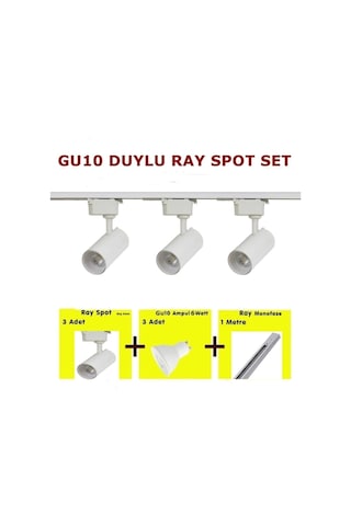 Mini Ray Spot 3'lü Set Gu-10 Duylu Beyaz Kasa Sarı Işık 3 Spot Lamba + 1 Mt Ray + 3 Gün Işığı Gu10 Led Ampul