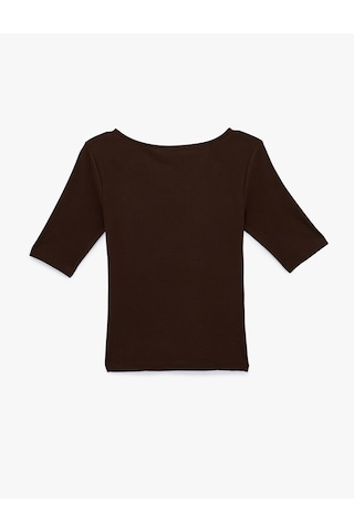 Koton Pamuklu Kayık Yaka Yarım Kollu Slim Fit Tişört Kahverengi 6sak50012ek Kahve