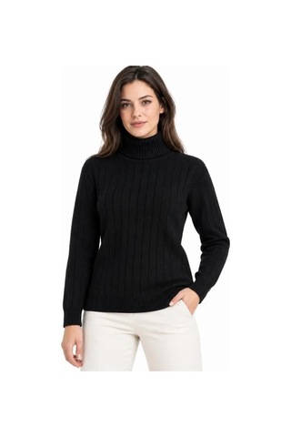 DefyModa Balıkçı Yaka Tam Boğazlı Kalın Fitilli Regular Fit Triko Kazak - Siyah