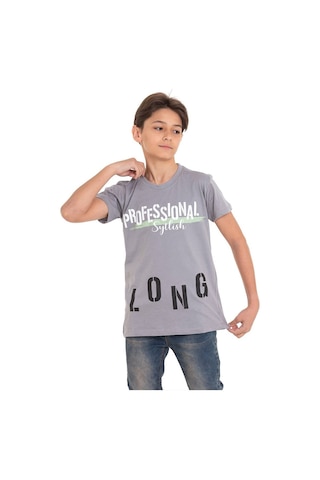 Gri Long Baskılı Bisiklet Yaka 13-16 Yaş Tişört 2012-1 Gri