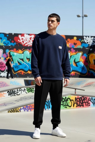 Benerly Erkek Bisiklet Yaka Düşük Kol Oversize Slogan Desenli Sweatshirt Lacivert