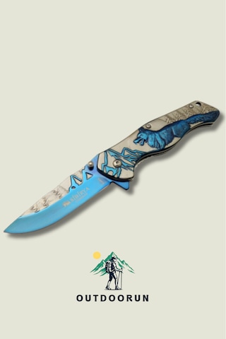 Mavi Bozkurt Kabartmalı Kamp Çakı - 20,5 Cm Mavi