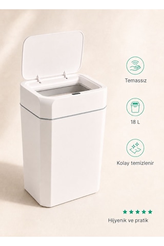 Sensörlü Akıllı Çöp Kovası 18 L - Pilli Otomatik Mutfak Banyo Çöp Kutusu Beyaz 40 Cm