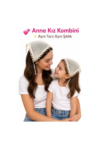 Anne Kız Kombin Bandana El Örgüsü Saç Bandı Bohem Stil Ayarlanabilir 2li Set Bej