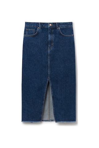 Denim Yırtmaçlı Midi Etek Mavi