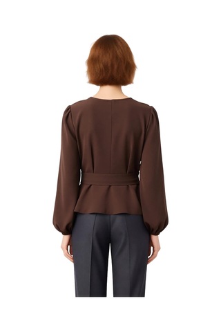 Ersefa Moda Kruvaze Dokuma Regular Düz Desen Resmi Regular Uzun Kol Bluz Kahverengi