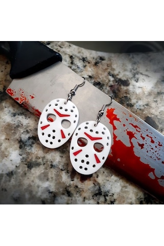 Jason Voorhees Hokey Maskesi Küpe Çifti - Cadılar Bayramı Temalı Korku Figürlü Aksesuar Beyaz