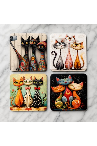 4'lü 8x8 Kedi Temalı Bardak Altlığı Beyaz
