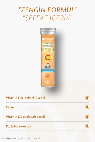 Triple Defense Efervesan Tablet 1000 Mg C Vitamini Çinko D3 Portakal Aromalı 20 Tablet