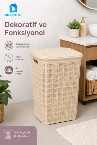 Jute Kirli Çamaşır Sepeti 60 L 46x40x58 Cm Oyuncak Saklama Taşıma Banyo Düzenleyici Sepet Bej