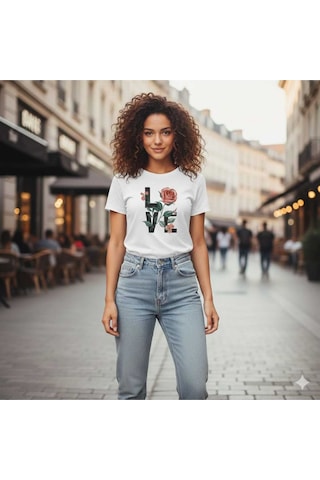 Love Çiçek Baskılı Kadın Pamuklu T-shırt Beyaz