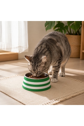 Kedi Köpek Mama Kabı Paslanmaz Çelik Hazneli Dekoratif Çizgili Mama Ve Su Kabı