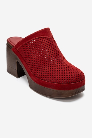 Luvi Shoes Dejas Kırmızı Süet Hakiki Deri Delikli Kadın Kalın Topuklu Terlik