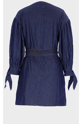 Koyu Mavi Kolu Büzgülü İnce Mini Jean Elbise C 4676-053 Koyu Mavi