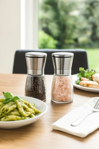 Cam Gövdeli Metal Krom Renk Kapaklı Tuz Karabiber Değirmeni Tuz Karabiber Öğütücü 13 Cm 2 Adet Diğer