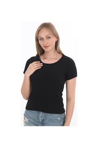Monox Kadın Fitilli Likralı Pamuk Basic Tshirt Siyah
