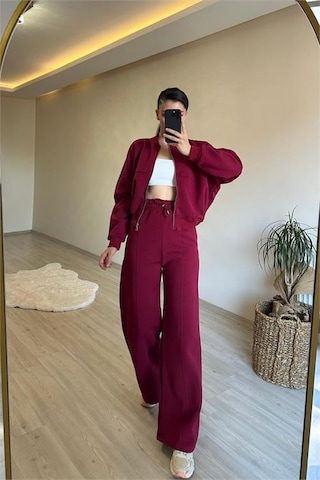 Neşeli Butik Kadın Fermuarlı Oversize Sweat Ve Yüksek Bel Eşofman Takımı Nm018 Bordo