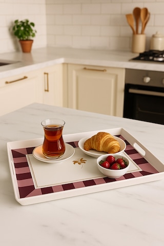 Makri Home Çizgili Desenli Servis Tepsisi 38x28x3,5 Cm, Bordo Bordo