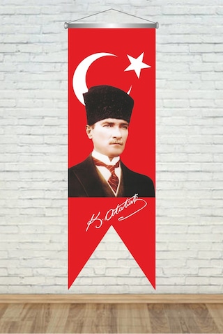 Kemal Atatürk İmzali Türk Bayrağı Saten Kırlangıç Flama
