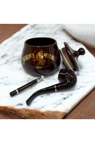 Sherlock Holmes El Yapımı Seramik Pipo Tutun Kavanozu Kahve Small