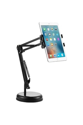 Masaüstü Telefon Ve Tablet Tutucu 19cm Ayak Çap Uzunluğu Ayarlanabilir Kollu Geniş Tablalı, Pvc + Metal Malzeme 360 Derece Dönebilen Masaüstü Telefon Ve Tablet Tutucu - Y01 Diğer
