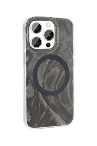 Apple Uyumlu iPhone 15 Pro Kılıf M-safe Şarj Özellikli Fırça Boya Desenli Zore Palet Kapak Gri