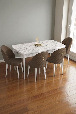 Mura Beyaz Mermer 80x132 Açılabilir Mdf Masa Yemek Odası Takımı, Mutfak Takımı 4 Adet Sandalye Kahverengi