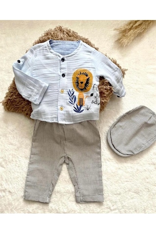 Minaz Baby Şapkalı Üçlü Takım Mavi - Gri