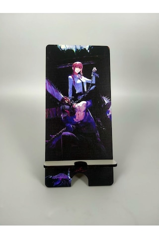 Ahşap Telefon Tutucu Masaüstü Cep Telefonu Standı - Chainsaw Man Denji Makima Hızlı Şarj Çok Renkli