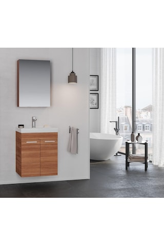 Orka Enez 65 Cm Mdf Teak Banyo Dolabı Alt Modül Ve Lavabo
