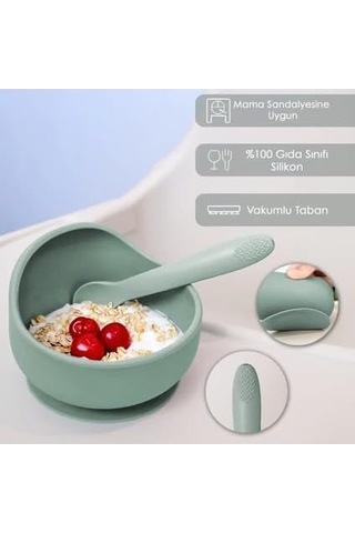 Meleni Baby 4'lü Silikon Beslenme Seti - Mama Önlüğü - Vakumlu Mama Kasesi - Pipetli Bardak - Kaşık - Yeşil Genel