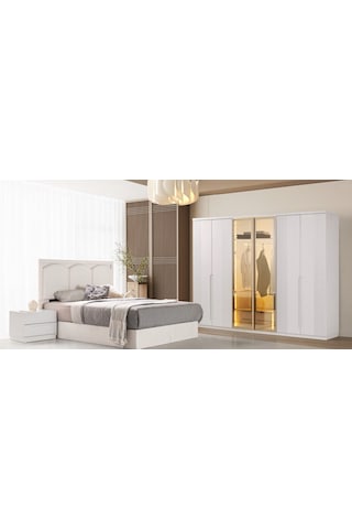Aleppo Mdf Membran 6 Kapaklı Reflekte Camlı Gardırop ve Yatak Odası Takımı