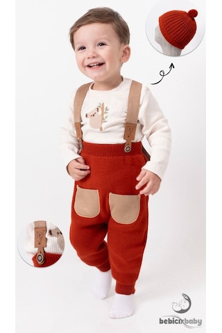 Bebicix Triko Askılı Koala Temalı Kaşkorse Esnek Badili Bereli Unisex Bebek Takım Kiremit