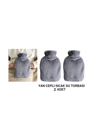 2 Adet Sıcak Su Torbası Yan Cepli Gri Peluş Termofor 27x17x2cm 1 Litre Koyu Gri
