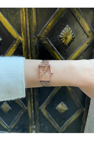 Daniel Klein Dke.1.10741-6 Dikdörtgen Kasa Hasır Kordon Minimal Tasarım Kadın Kol Saati Rose Gold
