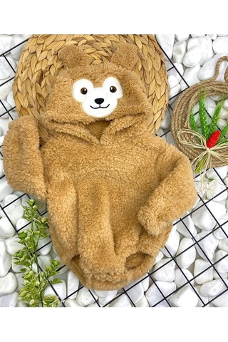 Aden Kids Kapüşonlu Bebek Peluş Çıtçıtlı Body Kahverengi
