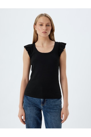 Koton Fırfırlı Karpuz Kol Tişört Yuvarlak Yaka Ribanalı Slim Fit Siyah 5wak10179ek Siyah