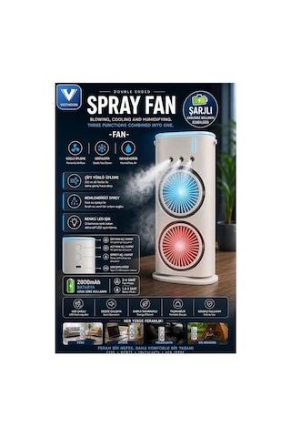 Çift Başlıklı Sprey Fan Nemlendirici Ve Renkli Led Işıklı Beyaz Evimdeyokyok