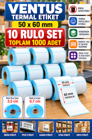 Ventus 50mmx60mm Termal Etiket 1 Rulo 100 Etiket 10 Rulo