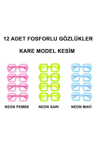 Lunaev Fosforlu Kare Model Glow Parti Gözlüğü Karanlıkta Yanan Gözlükler 12 Adet "