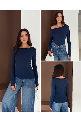 Elaxi Kadın Kayık Yaka Parmak Geçmeli Uzun Kollu Full Likralı Pamuk Viskon Buzzy Body Tişort Lacivert