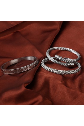 Chavin 3 Lü Örgü Roma Rakam Kelepçe Çelik Erkek Bileklik Eu25 Gri
