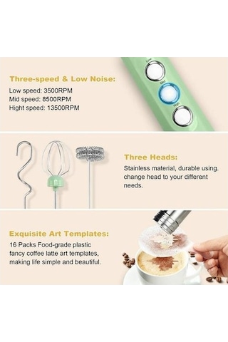 Soulader El Şarj Edilebilir Mini Süt Köpürtücü - 3 Hız Ayarı İle Latte, Cappuccino Ve Sıcak Çikolata Hazırlama Aleti Taşınabilir Kahve Köpürtücü Yeşil